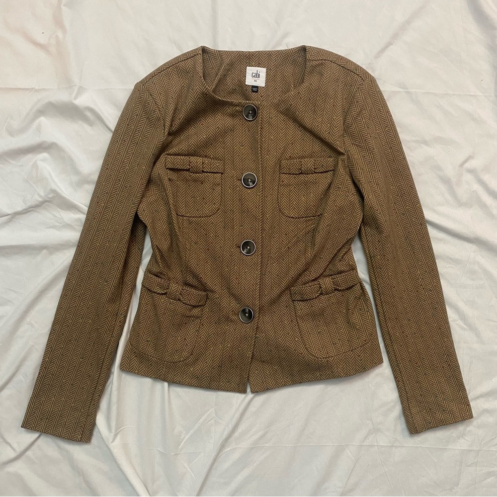 CAbi Tan Herringbone Women's Jacket Blazer Preppy Office Chic, Cotton-Blend